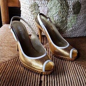 Colin Stuart gold peep toe heels, size 7